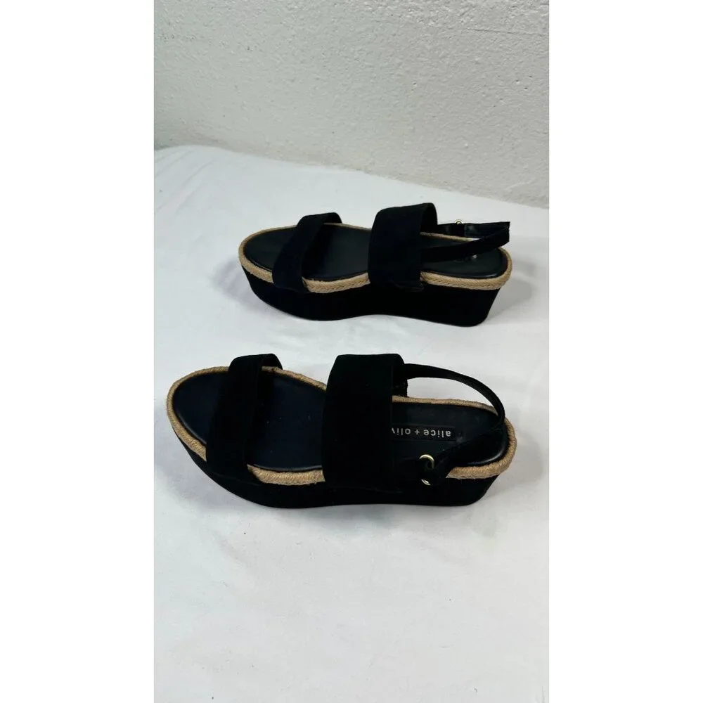 Alice + Olivia Anastasia Flatforms Suede Platform Sandals Jute Trim Black 7.5